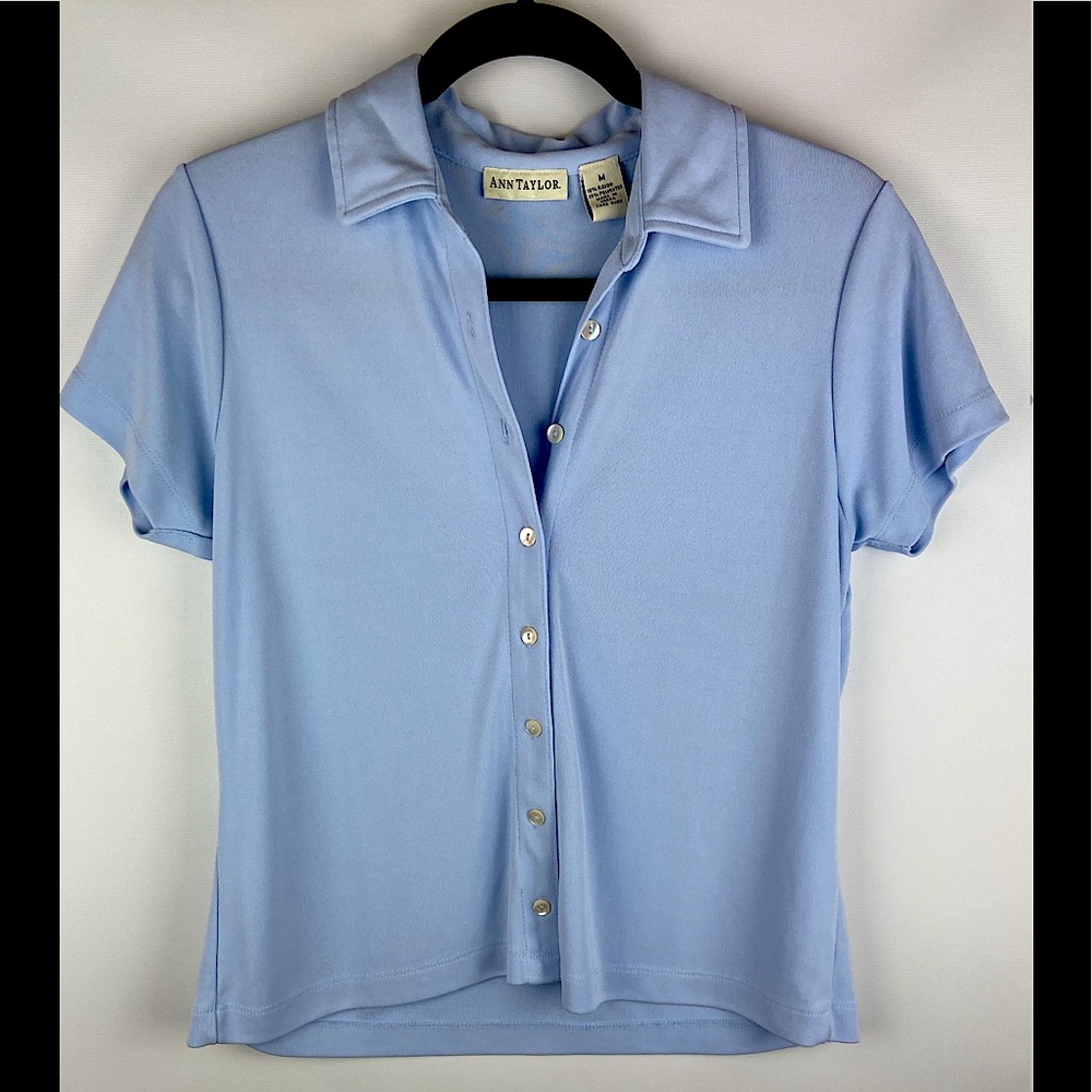 Ann Taylor Light Blue Short-Sleeve Button Polo Blouse